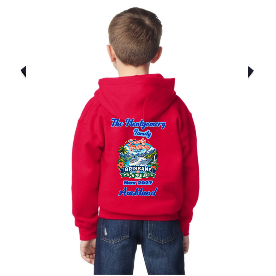 Personalised Gildan youth hoodie in Red with Sydney to New Zealand family cruise design and custom family name