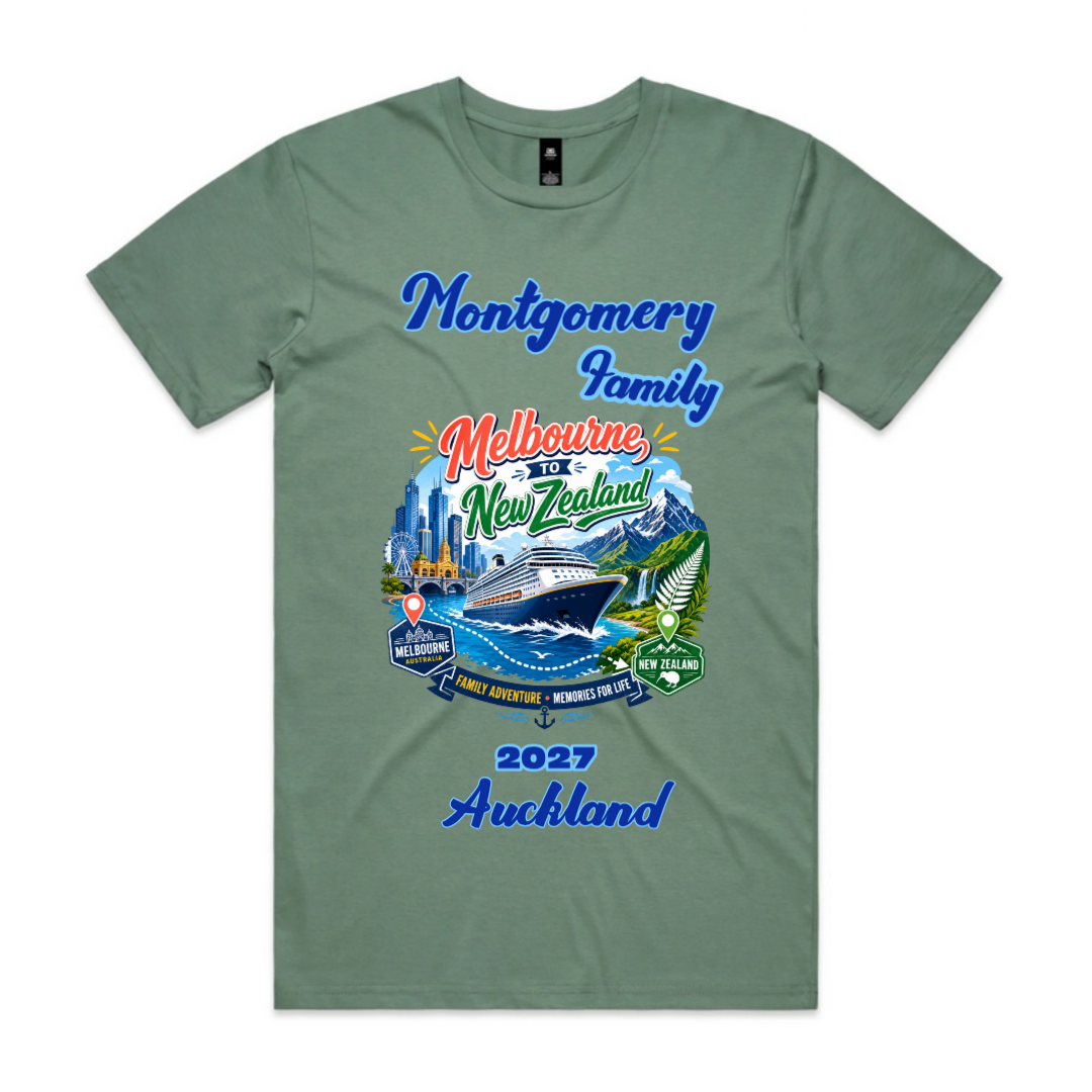 Sage Staple Tee with personalised family cruise design featuring the family name, cruise year and New Zealand destination from Melbourne.