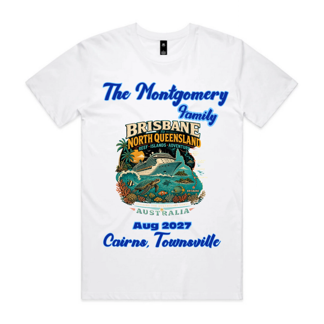 White AS Colour Staple T-shirt with personalised Brisbane to North Queensland family cruise design featuring Cairns, Townsville and Great Barrier Reef stopovers.