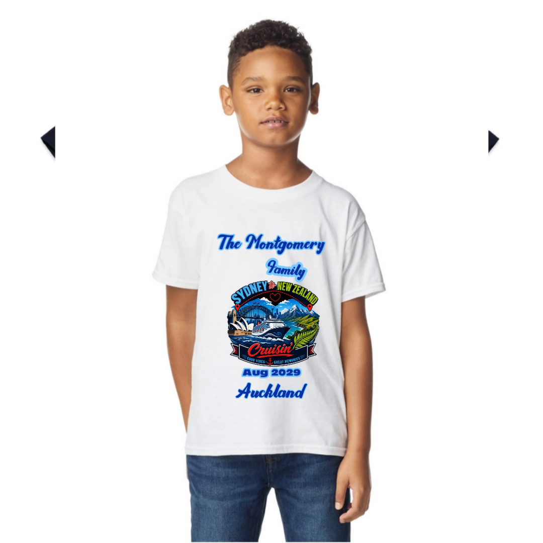 Personalised Sydney to New Zealand Family Cruise Youth T-Shirt – Gildan Softstyle