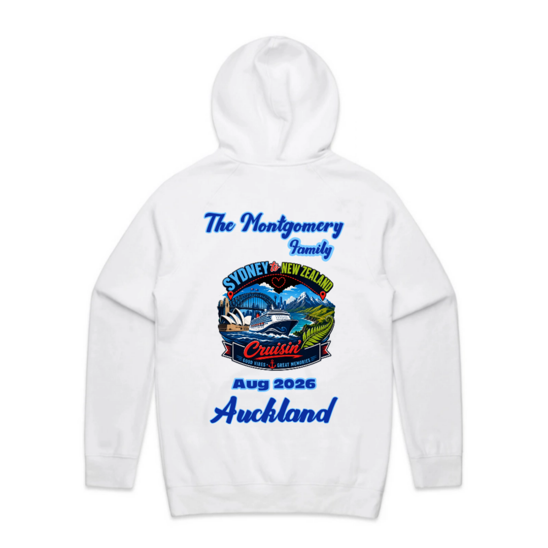 Personalised Sydney to New Zealand family cruise AS Colour Supply Hoodie with custom family name, cruise year and Auckland stopover