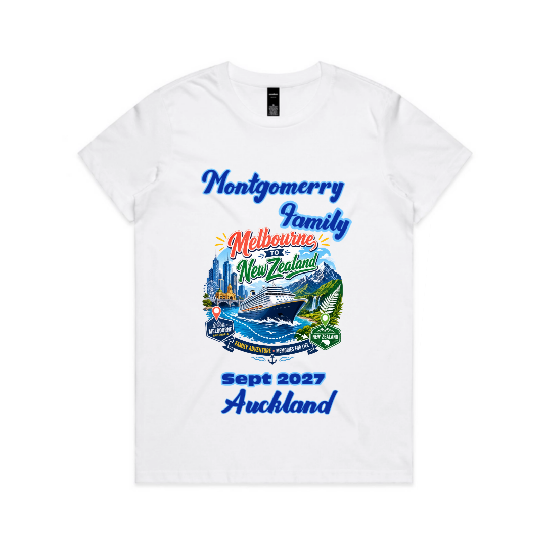 White AS Colour Maple Tee with personalised Melbourne to New Zealand cruise graphic printed on the back.