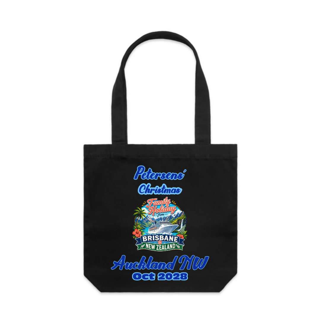 Personalised Black AS Colour Carrie Bag for a Brisbane to New Zealand cruise, featuring family name, cruise date, New Zealand stopover and matching family holiday cruise design.