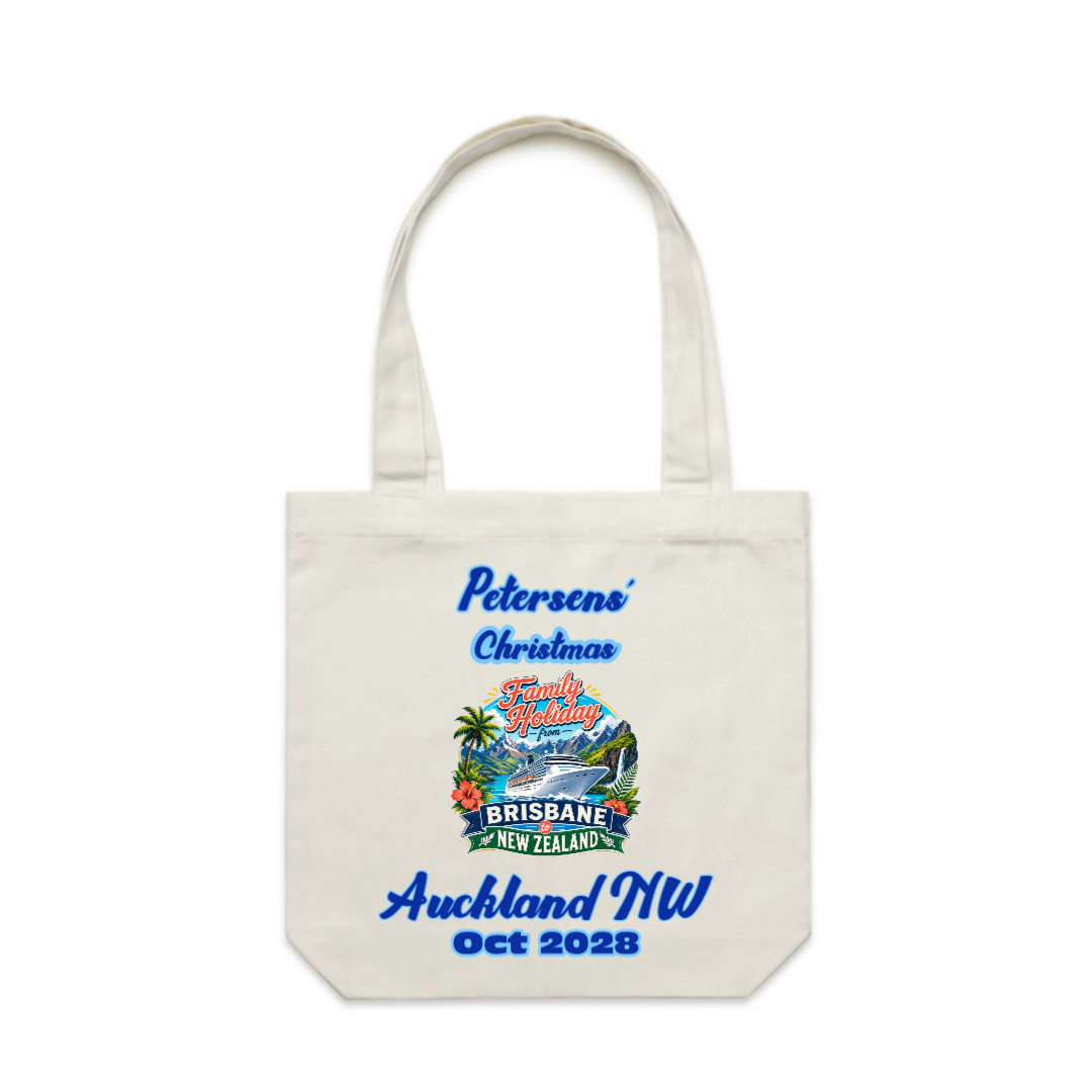Personalised Cream AS Colour Carrie Bag for a Brisbane to New Zealand cruise, featuring family name, cruise date, New Zealand stopover details and matching family holiday cruise design.