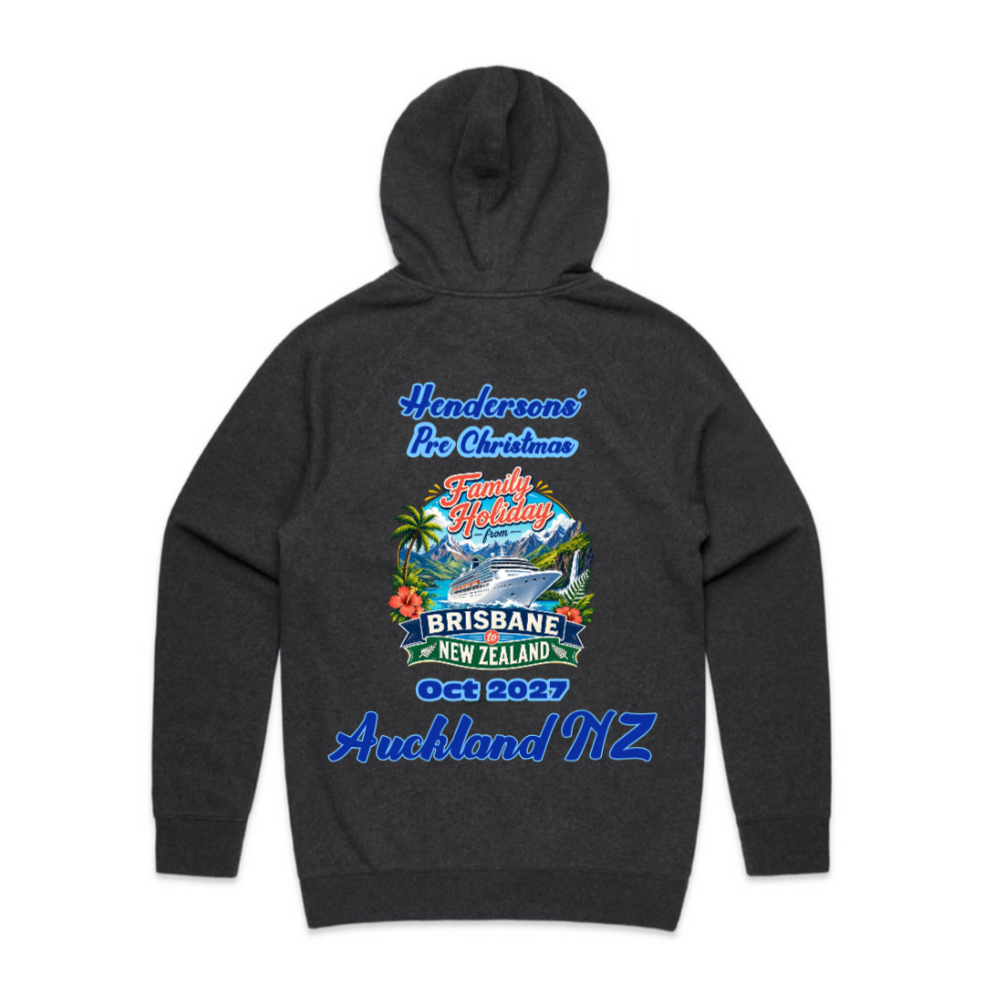 Personalised AS Colour Supply Hoodie in Asphalt Heather for a Brisbane to New Zealand cruise, featuring family name, cruise month, Auckland stopover and matching family holiday design.
