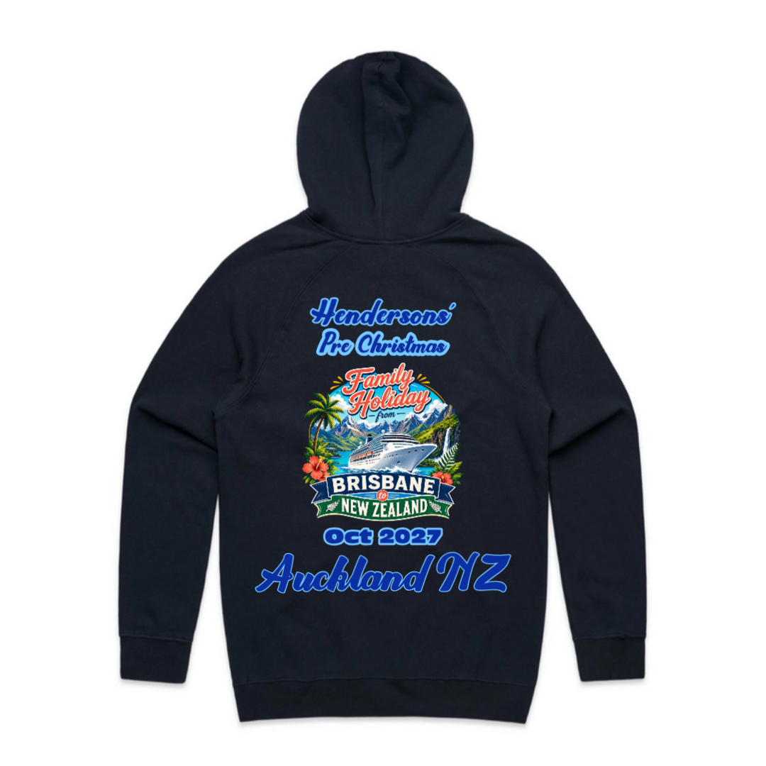 Personalised Navy AS Colour Supply Hoodie for a Brisbane to New Zealand cruise, featuring family name, cruise date, Auckland stopover and matching family holiday cruise design.