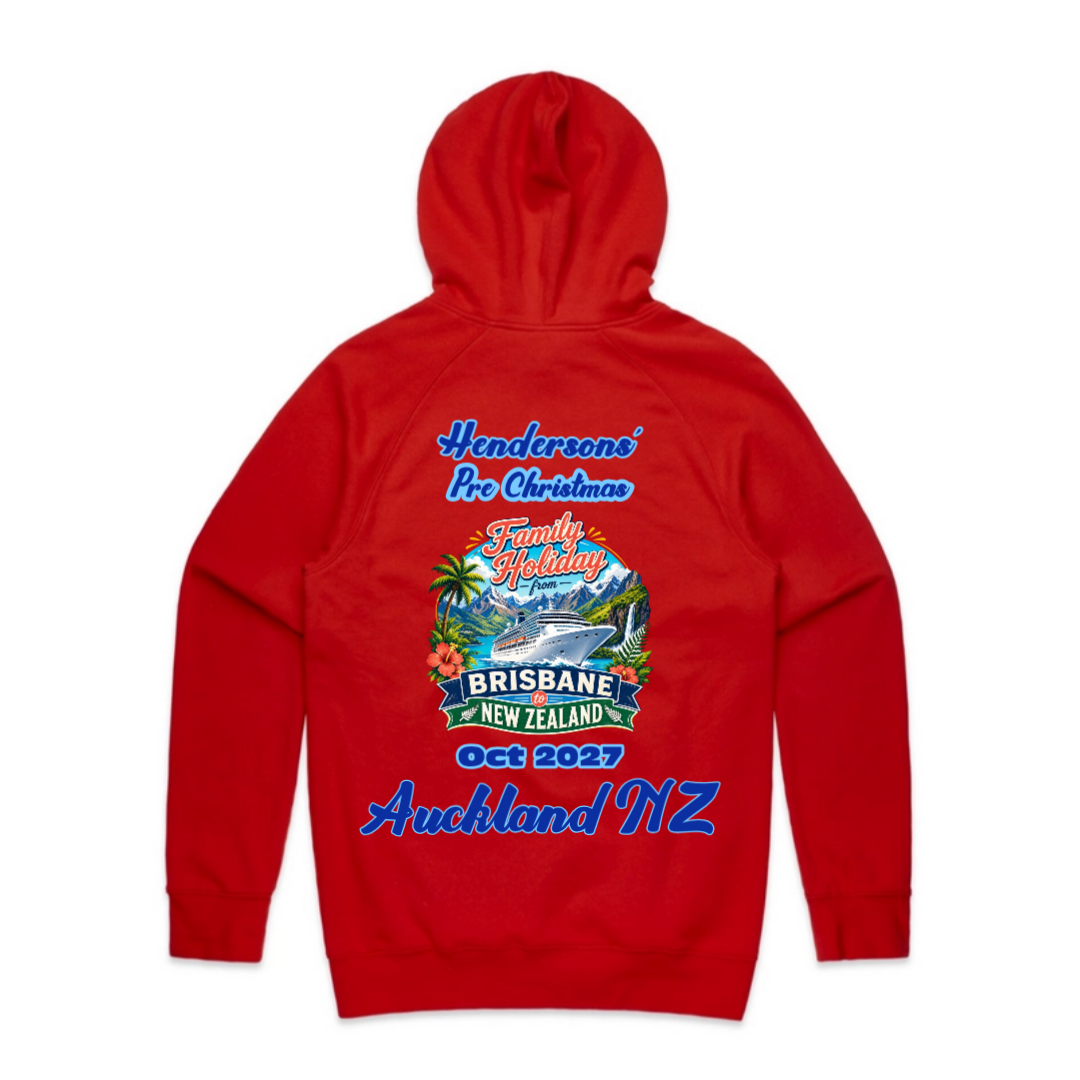 Personalised red AS Colour Supply Hoodie for a Brisbane to New Zealand cruise, featuring family name, cruise date, Auckland stopover and matching family holiday cruise design.