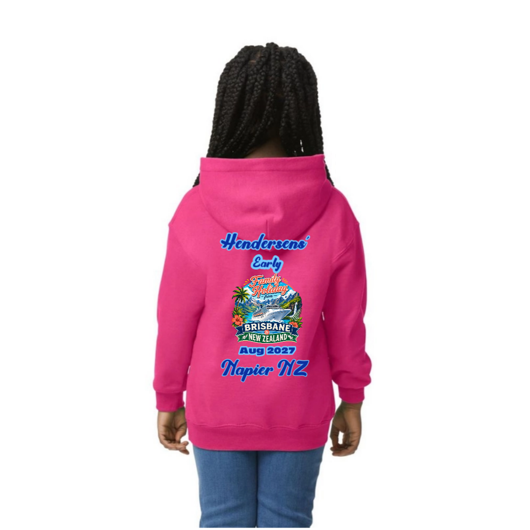 Young girl wearing a personalised Heliconia Gildan 18500B Youth Hoodie for a Brisbane to New Zealand cruise, featuring family name, cruise date, Napier stopover and matching family holiday design.