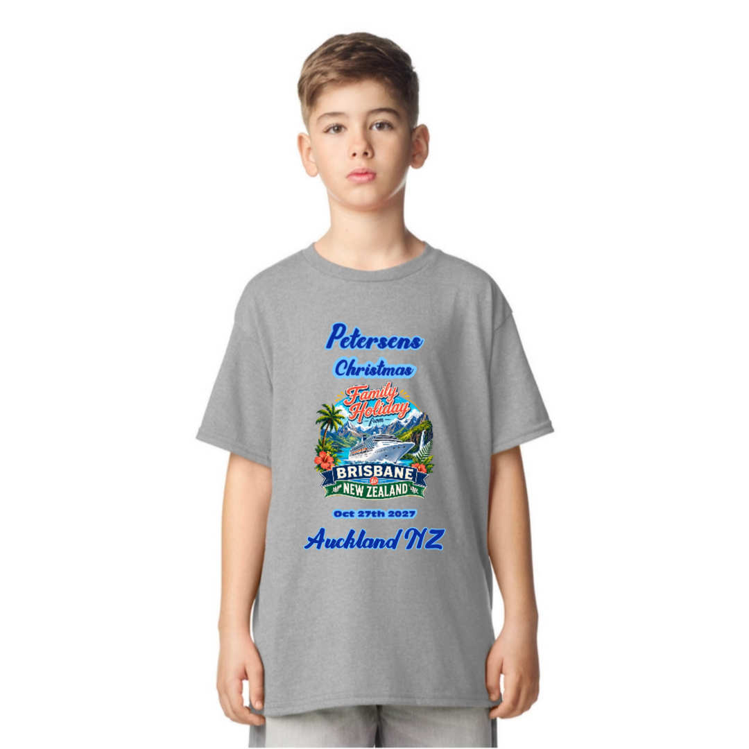 Personalised kids Sports Grey Gildan Softstyle Tee for a Brisbane to New Zealand cruise, featuring family name, cruise date, Auckland stopover and matching family holiday cruise design.