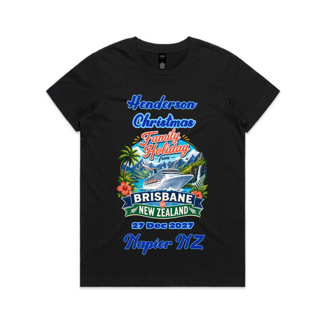 Personalised ladies black AS Colour Maple Tee for a Brisbane to New Zealand cruise, featuring family name, cruise date, Napier stopover and colourful family holiday cruise design.