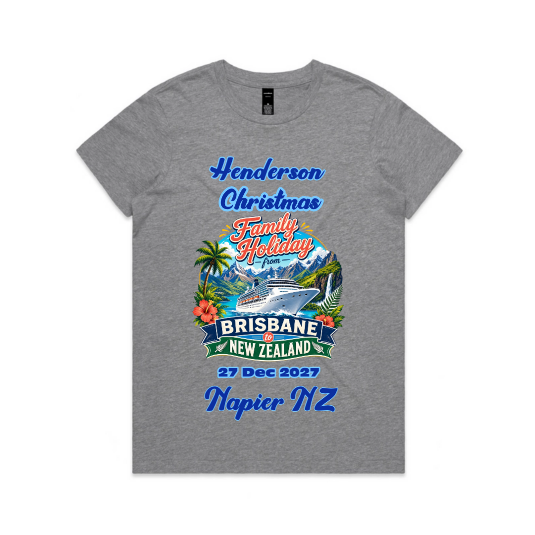 Personalised ladies Grey Marle AS Colour Maple Tee for a Brisbane to New Zealand cruise, featuring family name, cruise date, Napier stopover and matching family cruise design.