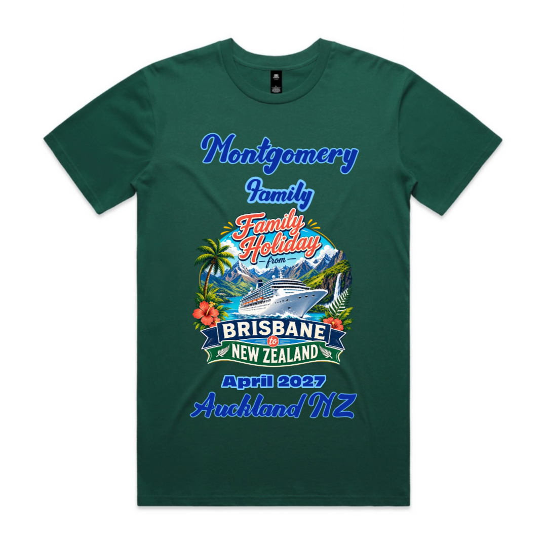 Personalised men’s Forest Green AS Colour Staple Tee for a Brisbane to New Zealand cruise, featuring family name, April 2027 travel date, Auckland NZ destination and cruise holiday design.