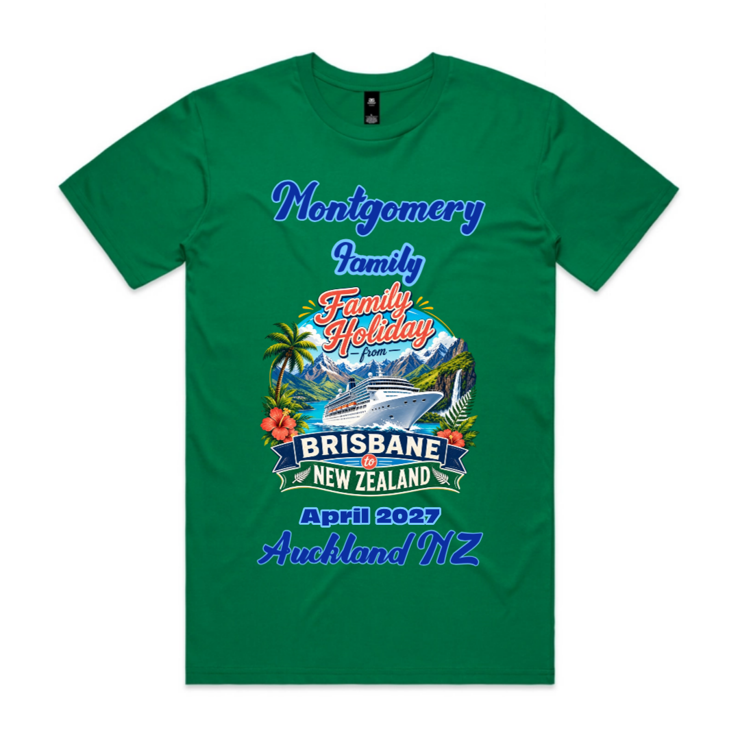 Personalised men’s Kelly Green AS Colour Staple Tee for a Brisbane to New Zealand cruise, featuring family name, cruise date, Auckland stopover and matching family cruise design.