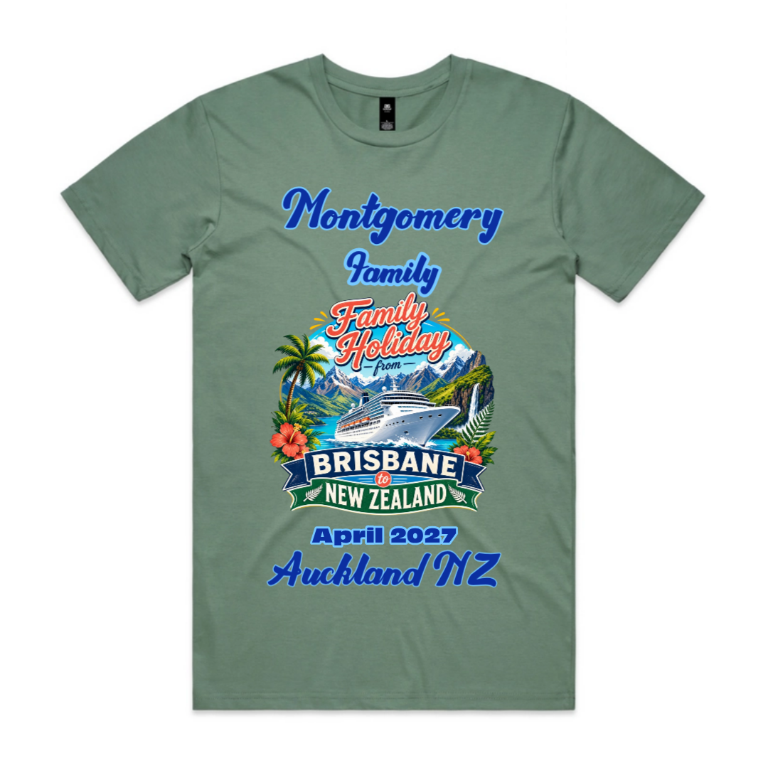 Personalised men’s sage AS Colour Staple Tee for a Brisbane to New Zealand cruise, featuring family name, cruise date, Auckland stopover and cruise ship design.