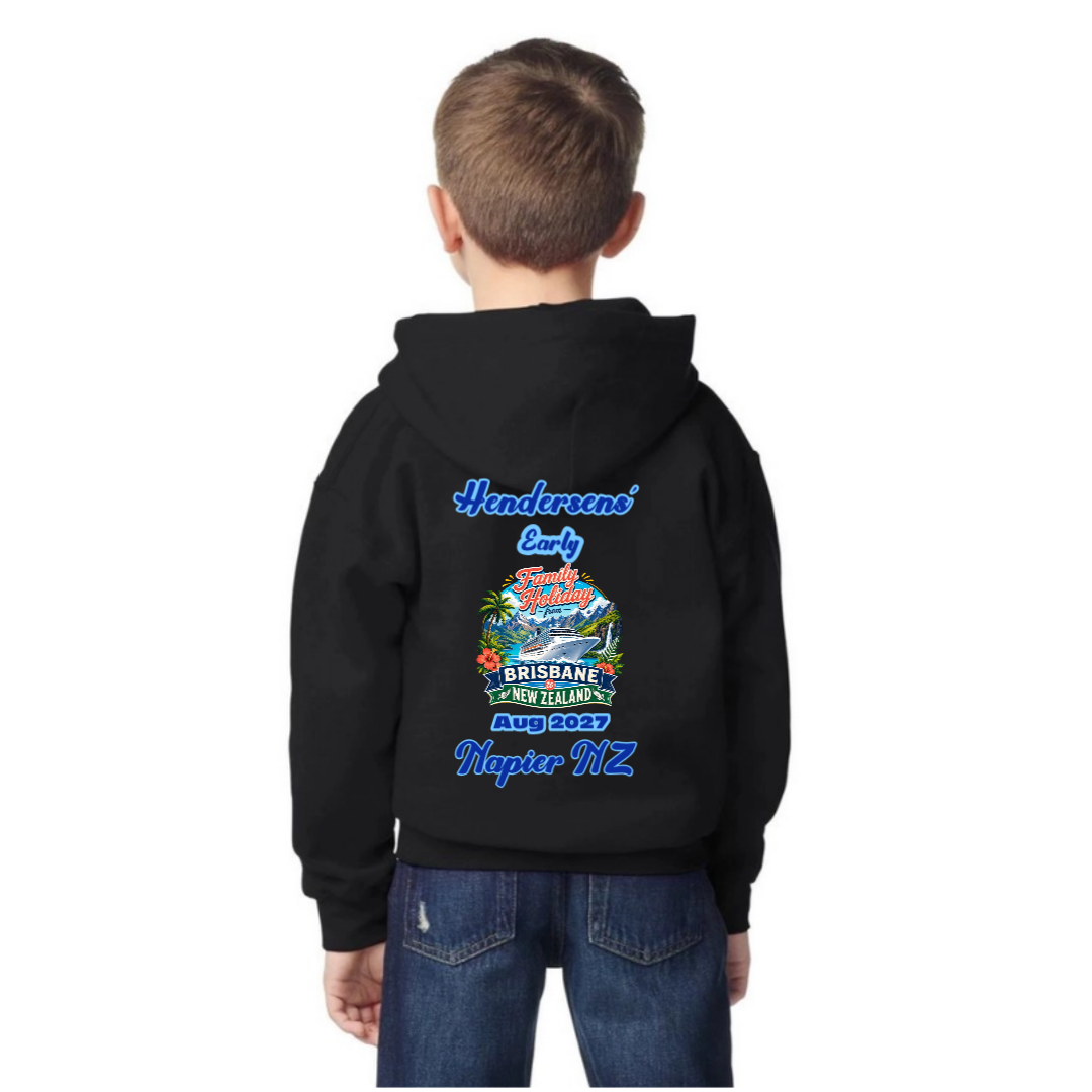 Young boy wearing a personalised black Gildan 18500B Youth Hoodie for a Brisbane to New Zealand cruise, featuring family name, cruise date, Napier stopover and family holiday design.