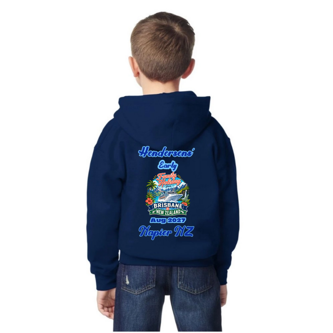 Young boy wearing a personalised Navy Gildan 18500B Youth Hoodie for a Brisbane to New Zealand cruise, featuring family name, cruise date, Napier stopover and family holiday design.