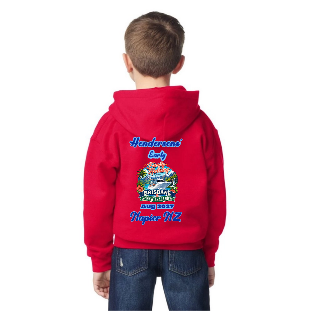 Young boy wearing a personalised Red Gildan 18500B Youth Hoodie for a Brisbane to New Zealand cruise, featuring family name, cruise date, Napier stopover and matching family holiday design.