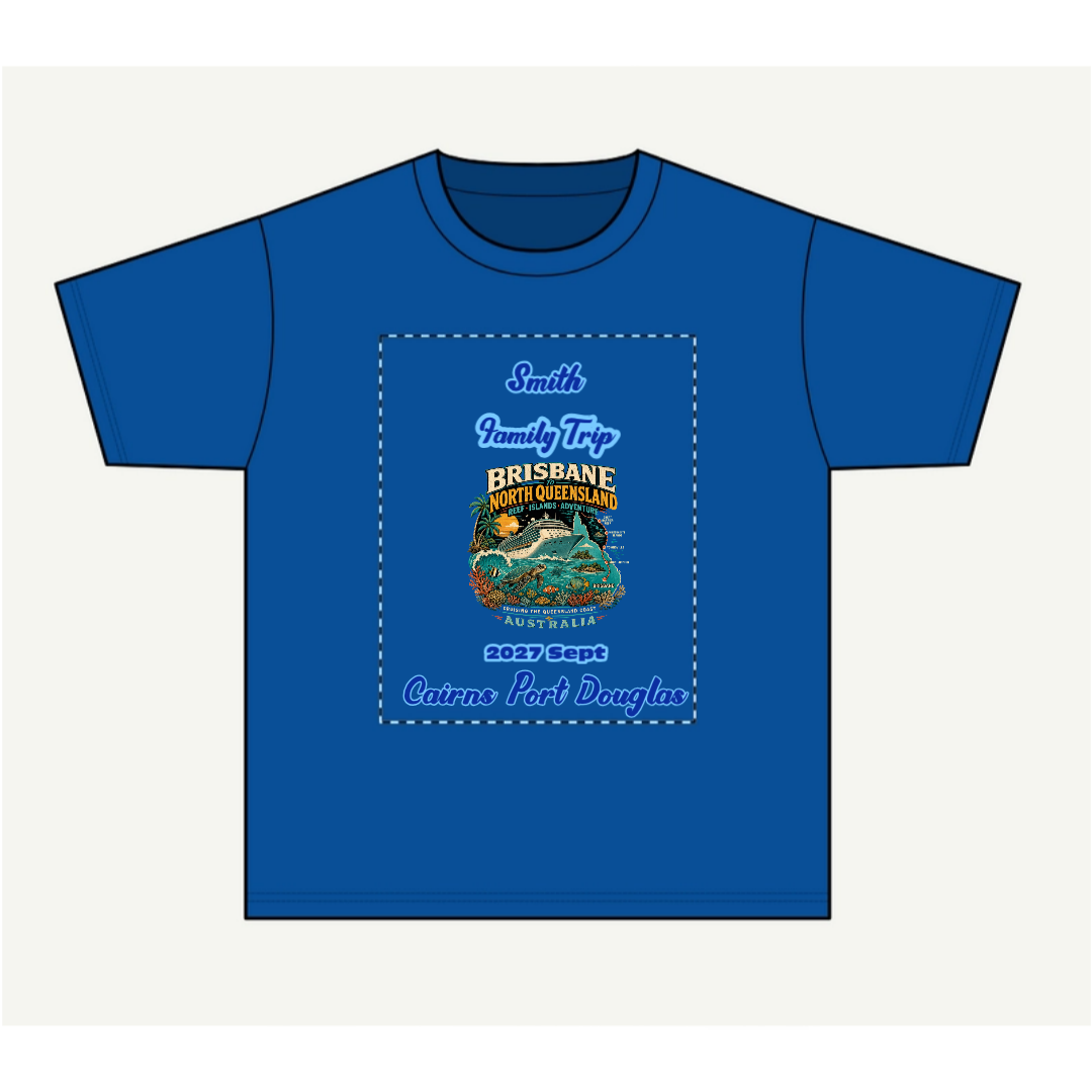 Royal blue kids personalised Brisbane to North Queensland cruise T-shirt with family name, travel date and Cairns Port Douglas destination design