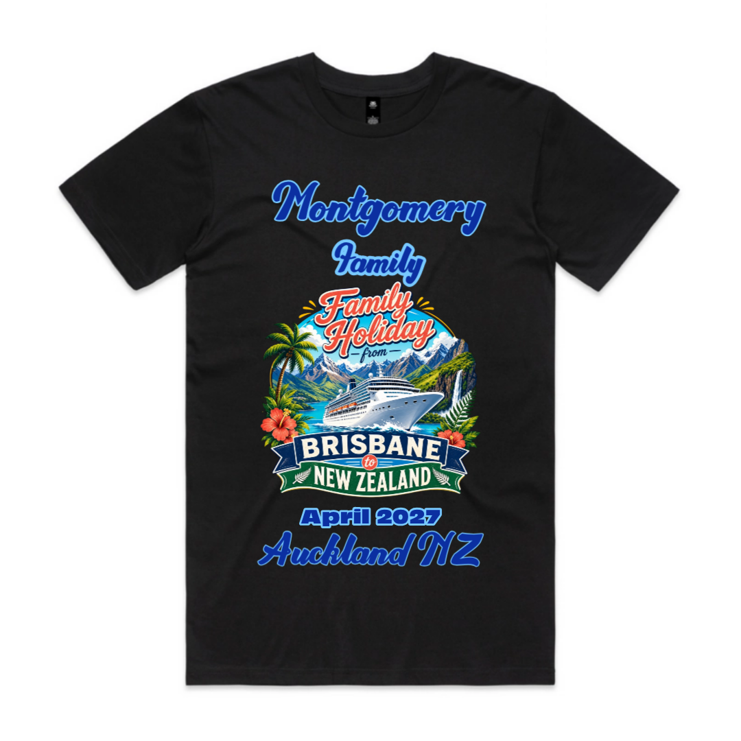 Personalised men’s black AS Colour Staple Tee for a Brisbane to New Zealand cruise, featuring family name, April 2027 travel date, Auckland NZ destination and colourful family holiday cruise design.