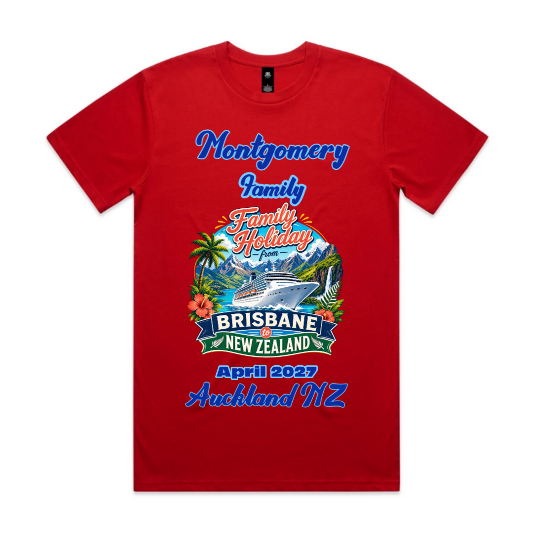 Personalised men’s red AS Colour Staple Tee for a Brisbane to New Zealand cruise, featuring family name, cruise date, Auckland NZ stopover and colourful family holiday cruise design.