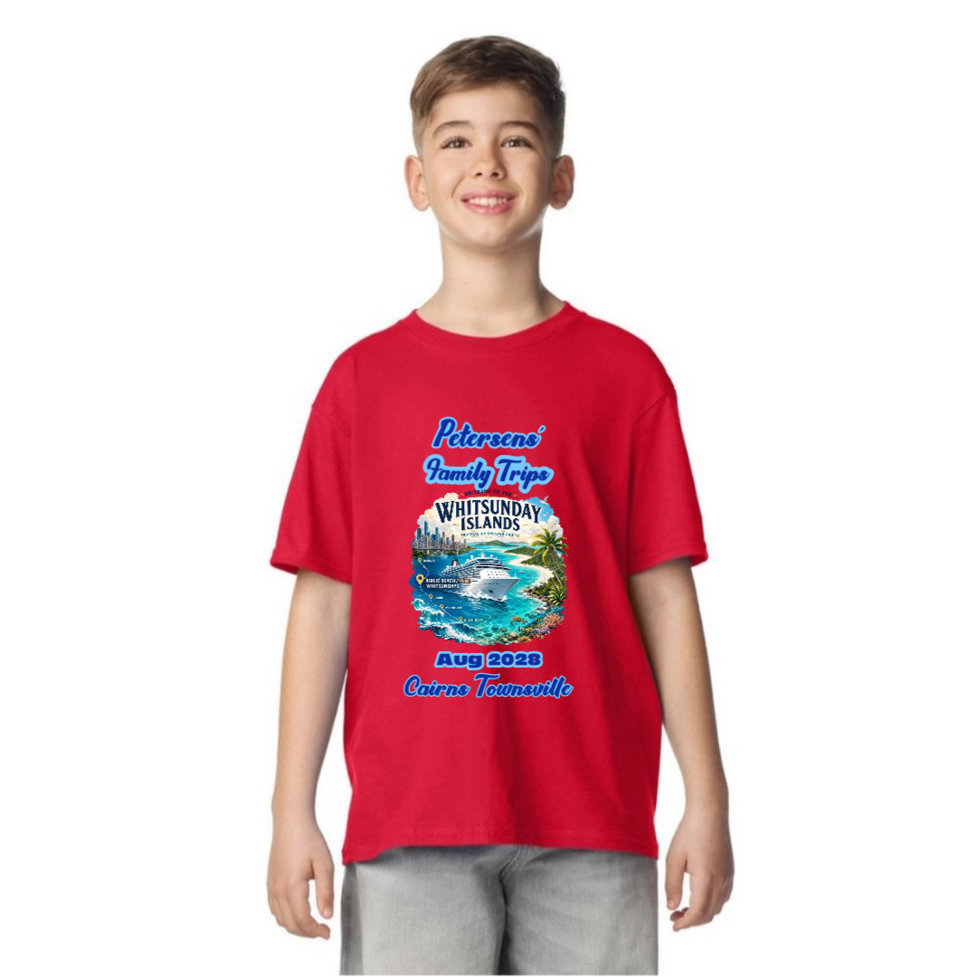 Red Gildan 64000B kids cruise T-shirt personalised for a Brisbane to Whitsundays family cruise with name, date and stopovers.
