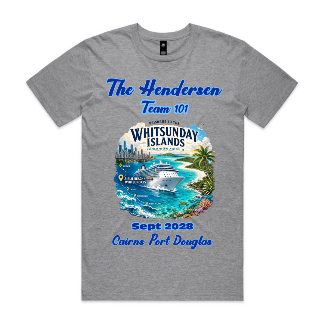 Grey Marle AS Colour Staple Tee 5001 personalised with Henderson family name, Whitsunday Islands cruise design, September 2028 and Queensland cruise stopovers.