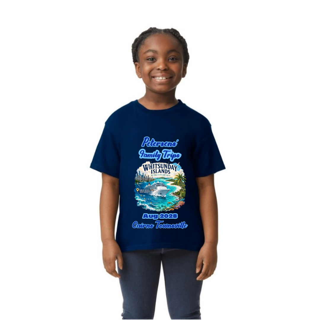 Kids navy Gildan 64000B personalised Brisbane to Whitsundays cruise shirt with family name, cruise date and Cairns and Townsville stopovers.