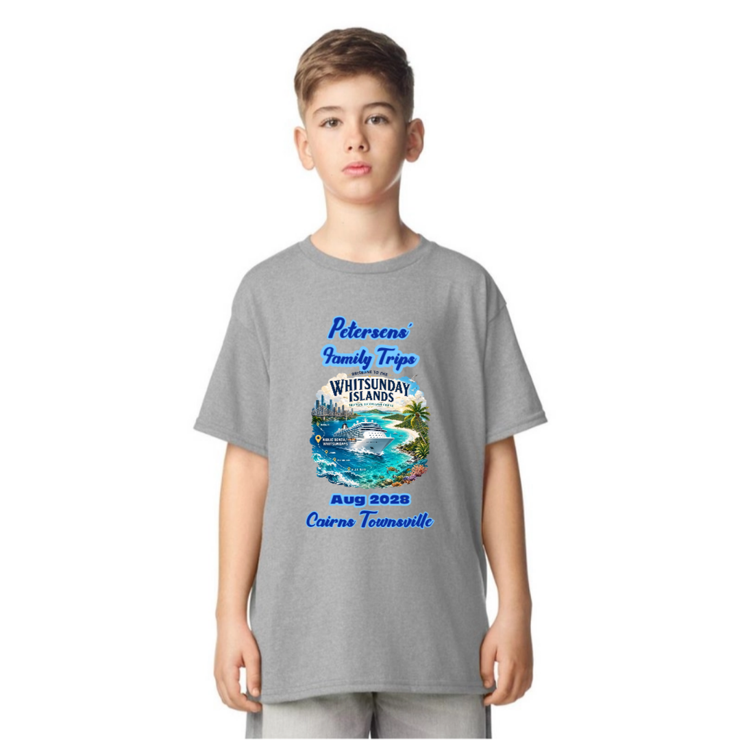 Kids navy Gildan 64000B personalised Brisbane to Whitsundays cruise shirt with family name, cruise date and Cairns and Townsville stopovers.