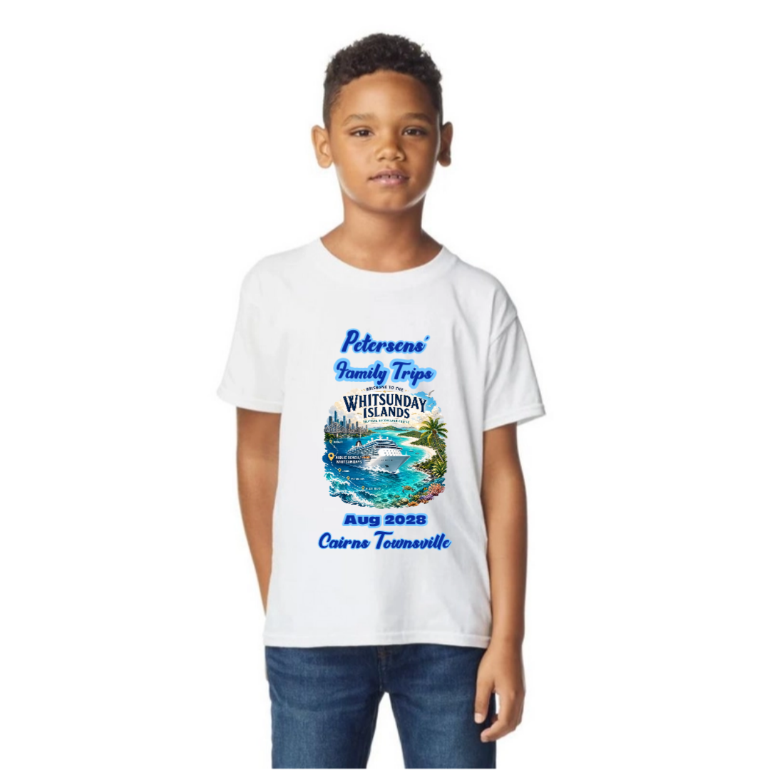 White kids Gildan 64000B personalised Brisbane to Whitsundays cruise T-shirt with family name, August 2028 cruise date and Cairns and Townsville stopovers.