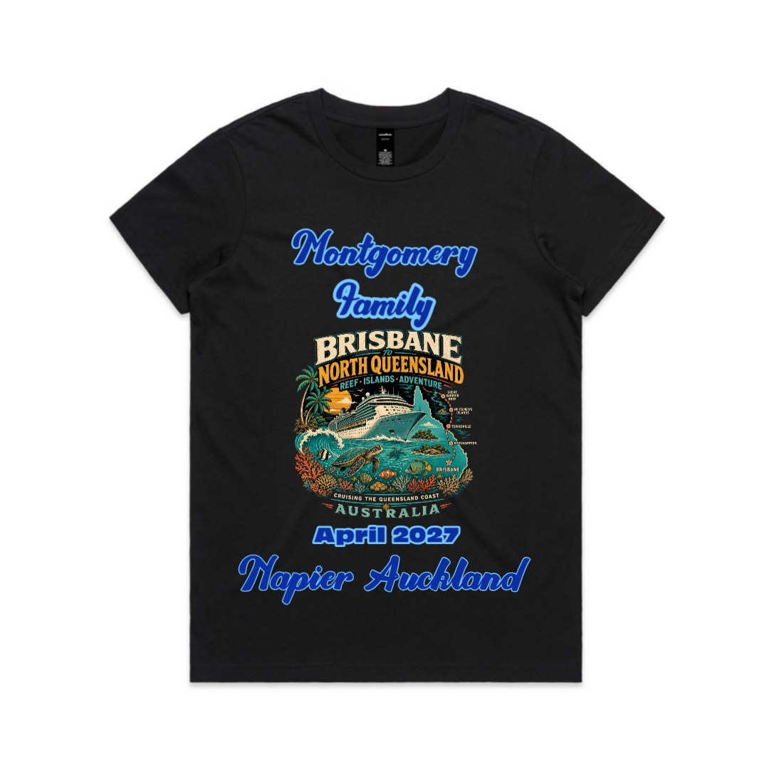 Ladies navy Maple Tee with personalised Brisbane to North Queensland cruise design, family name, travel date and cruise stopovers.