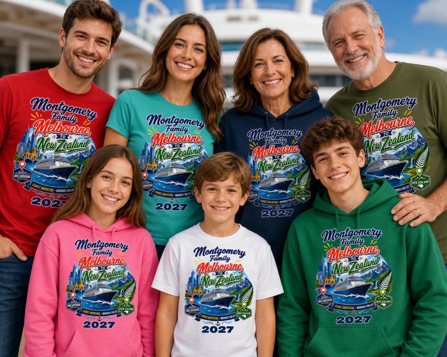 Family wearing matching personalised Melbourne to New Zealand cruise shirts and hoodies for their 2027 cruise.