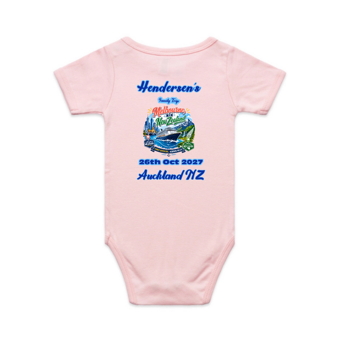 Personalised blush pink AS Colour baby body suit with back print for a Melbourne to New Zealand cruise, featuring family trip design, cruise date and Auckland NZ destination.