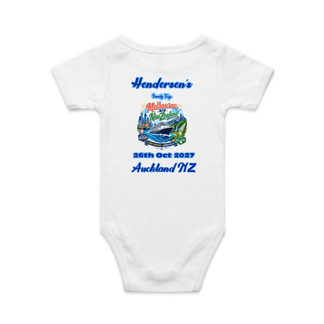 Personalised white AS Colour baby bodysuit for a Melbourne to New Zealand cruise, featuring a back print with family name, cruise date, Auckland stopover and matching family holiday design.