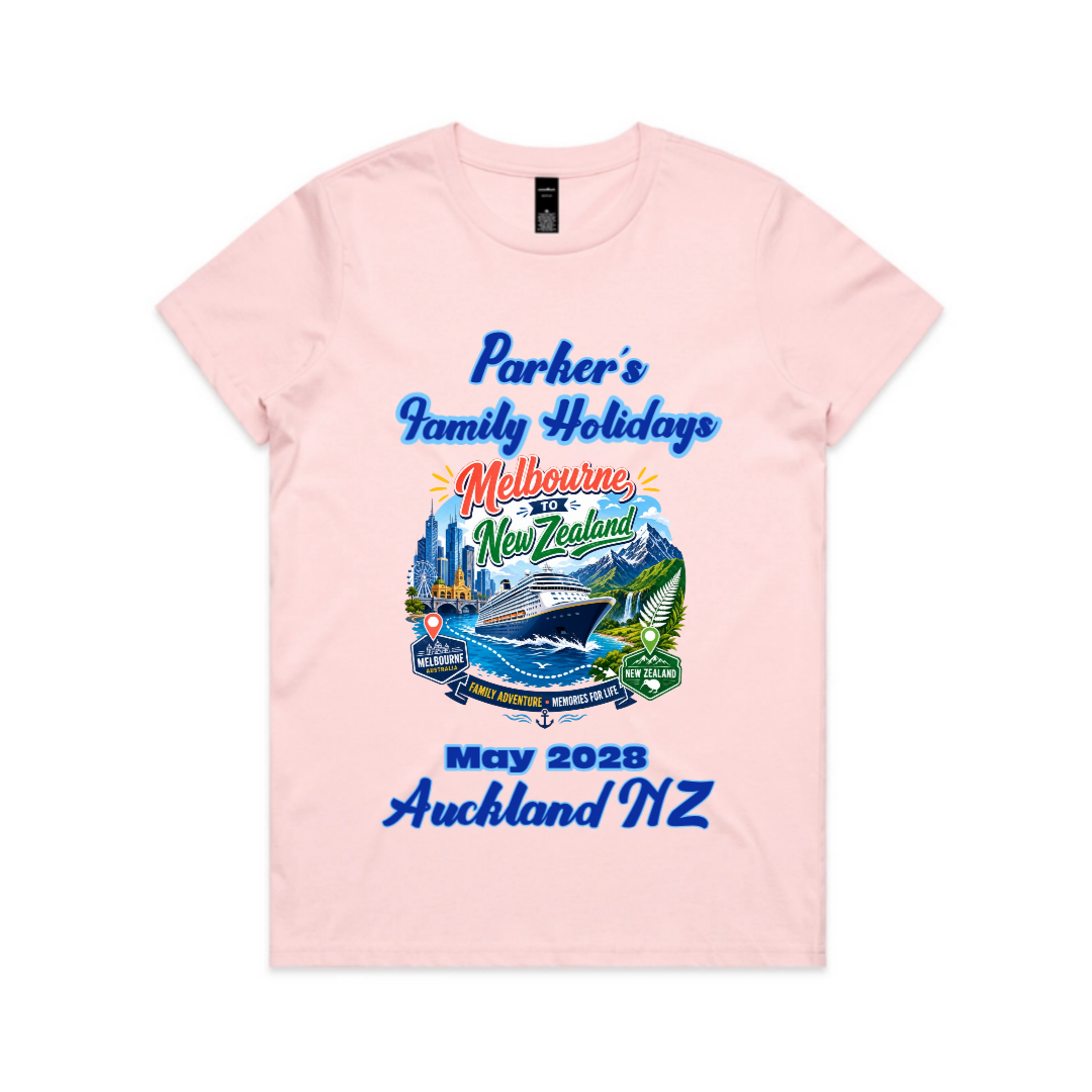 Personalised pink ladies AS Colour Maple Tee for a Melbourne to New Zealand cruise, featuring a front print with family name, cruise date, Auckland stopover and matching family holiday design.
