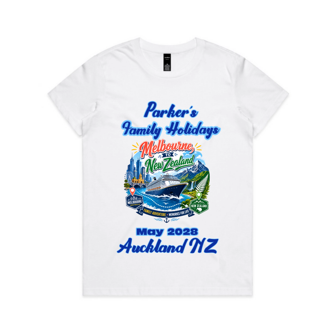Personalised white AS Colour Maple Tee with front print for a Melbourne to New Zealand cruise, featuring family holiday text, cruise date and Auckland NZ destination.