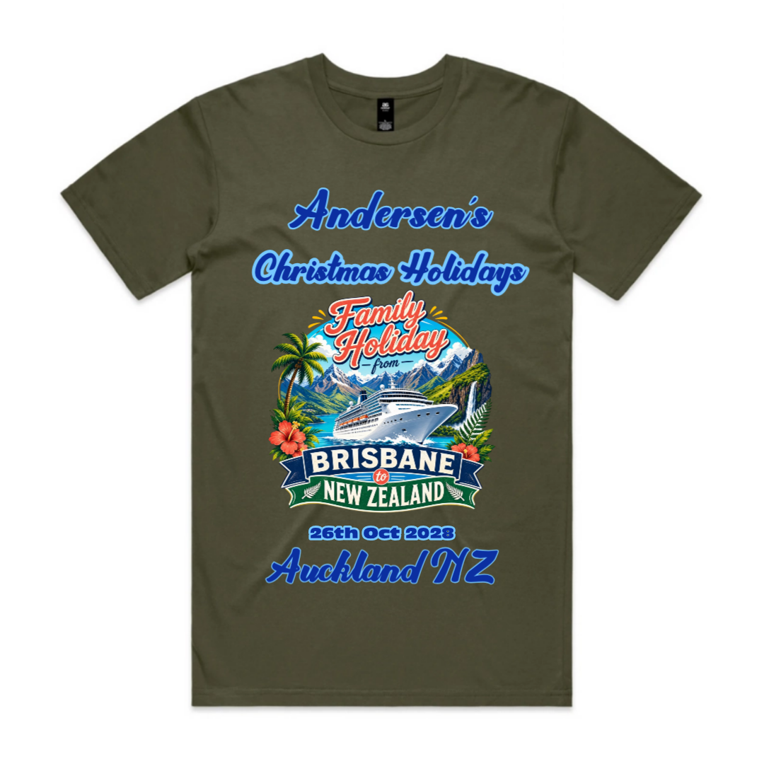 Personalised Army AS Colour Staple Tee with front print for a Melbourne to New Zealand cruise, featuring family holiday text, cruise date and New Zealand destination.