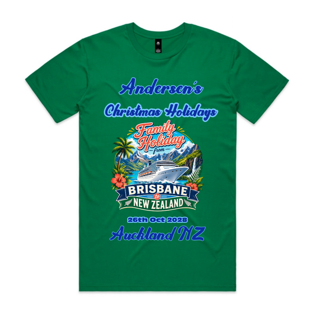 Personalised Kelly Green AS Colour Staple Tee for a Melbourne to New Zealand cruise, featuring a front print with family name, cruise date, destination details and matching family holiday design.