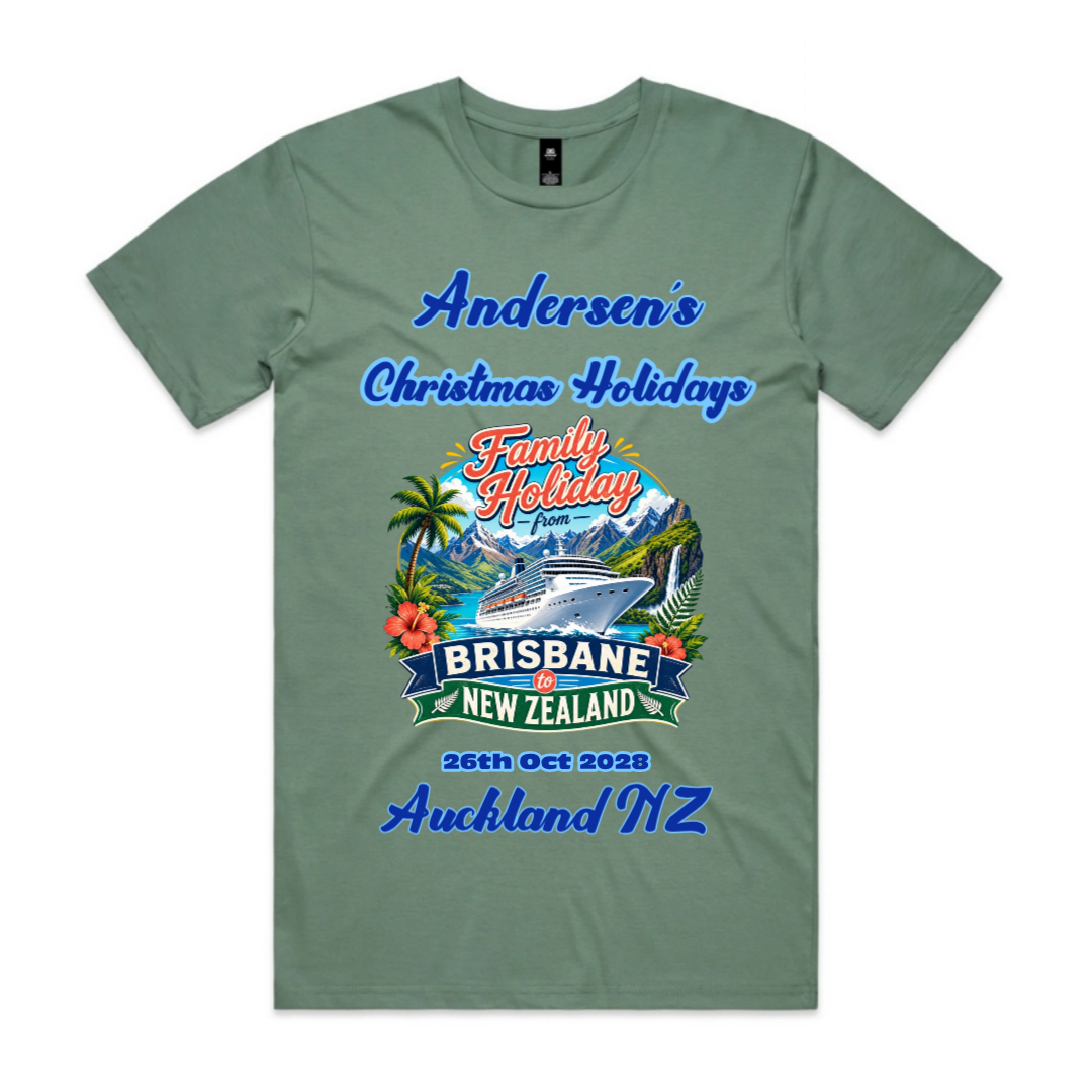 Personalised sage AS Colour Staple Tee with front print for a Melbourne to New Zealand cruise, featuring custom family holiday text, cruise details and New Zealand destination design.