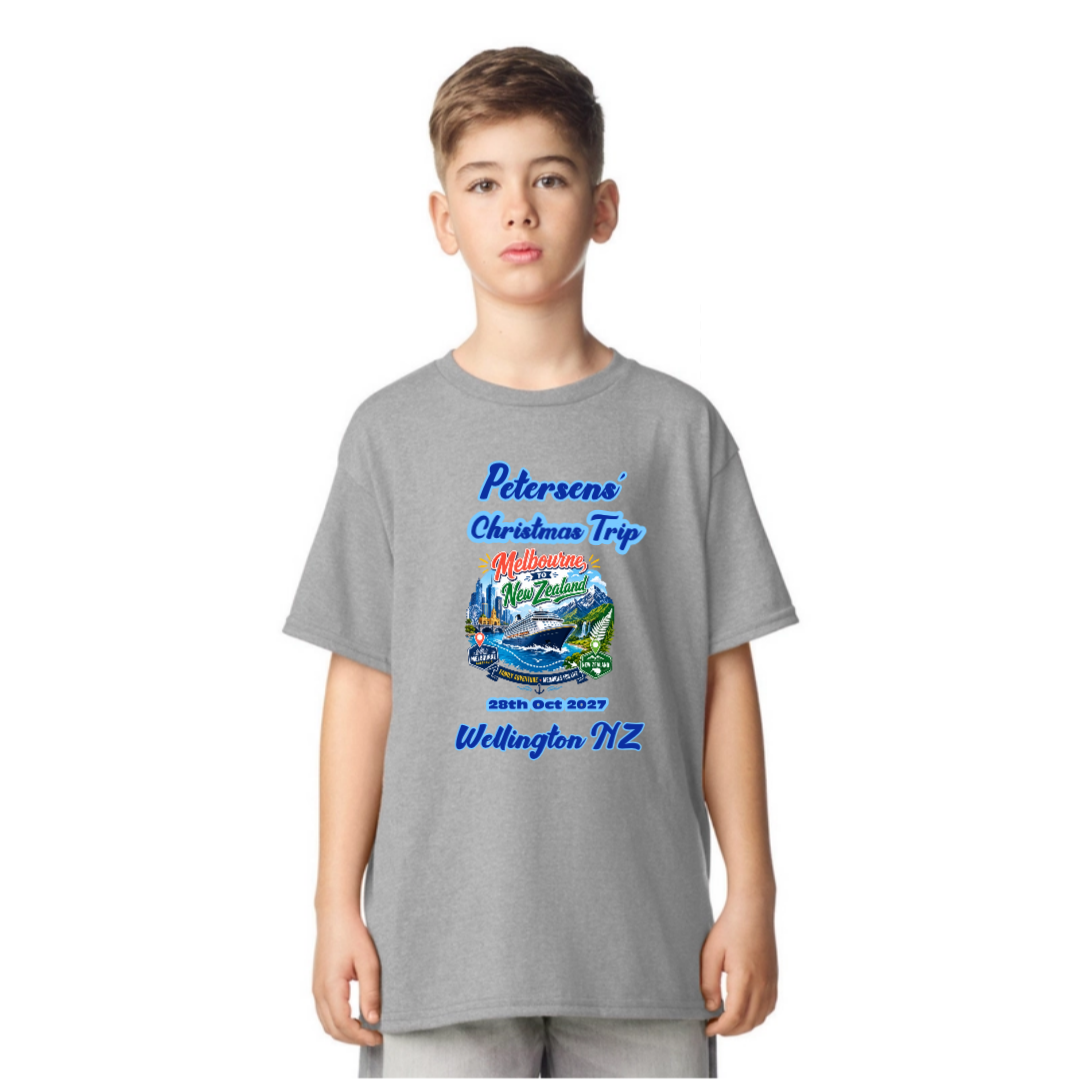 Boy wearing a personalised Sports Grey Gildan 64000B Youth Tee for a Melbourne to New Zealand cruise, with family name, cruise date, Wellington stopover and front cruise design.