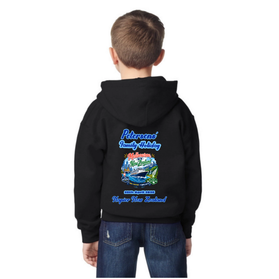 Boy wearing a personalised Black Gildan Kids Hoodie for a Melbourne to New Zealand cruise, featuring family name, cruise date and matching family holiday design.