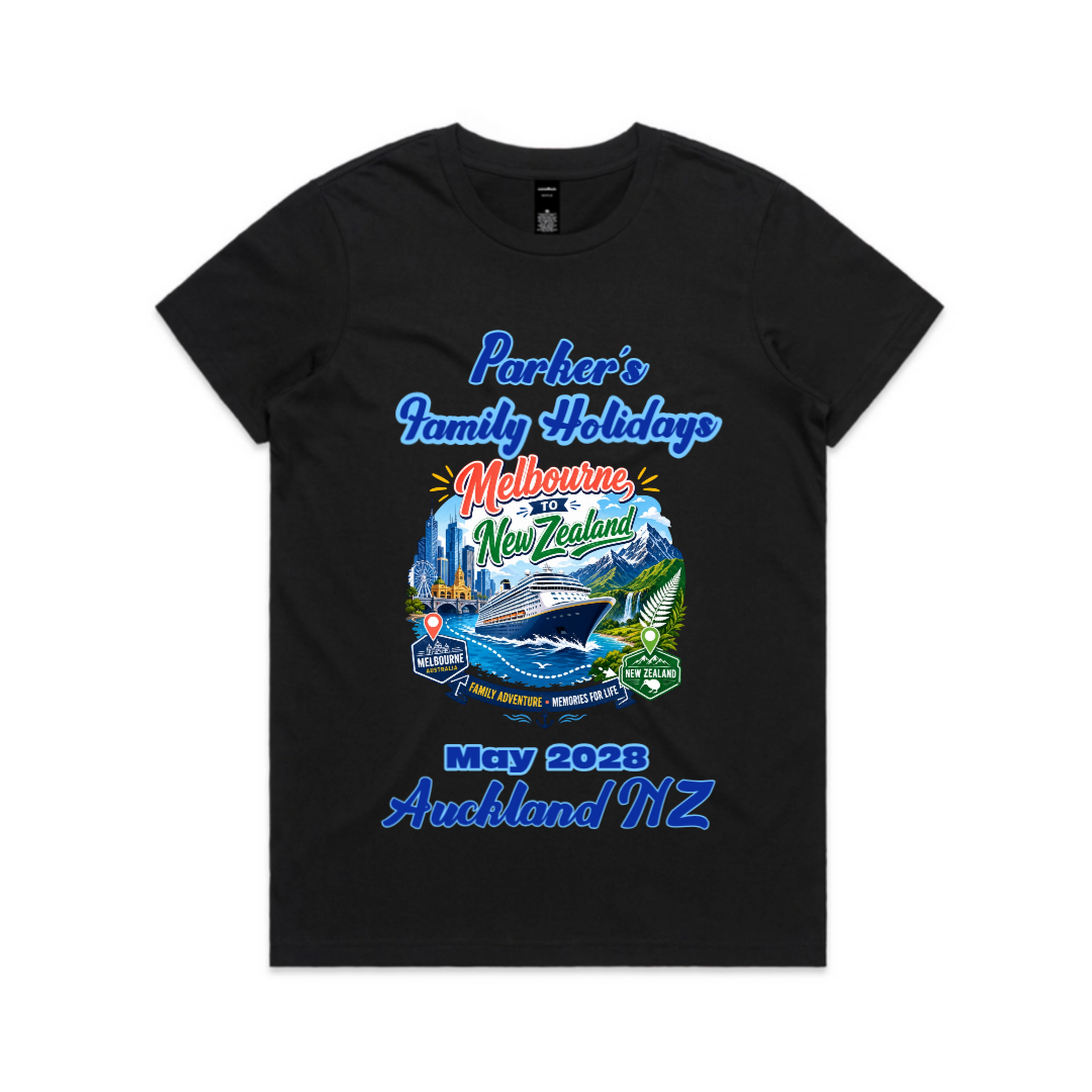 Personalised black ladies AS Colour Maple Tee for women featuring a front print for a Melbourne to New Zealand cruise with family name, cruise date and Auckland stopover.