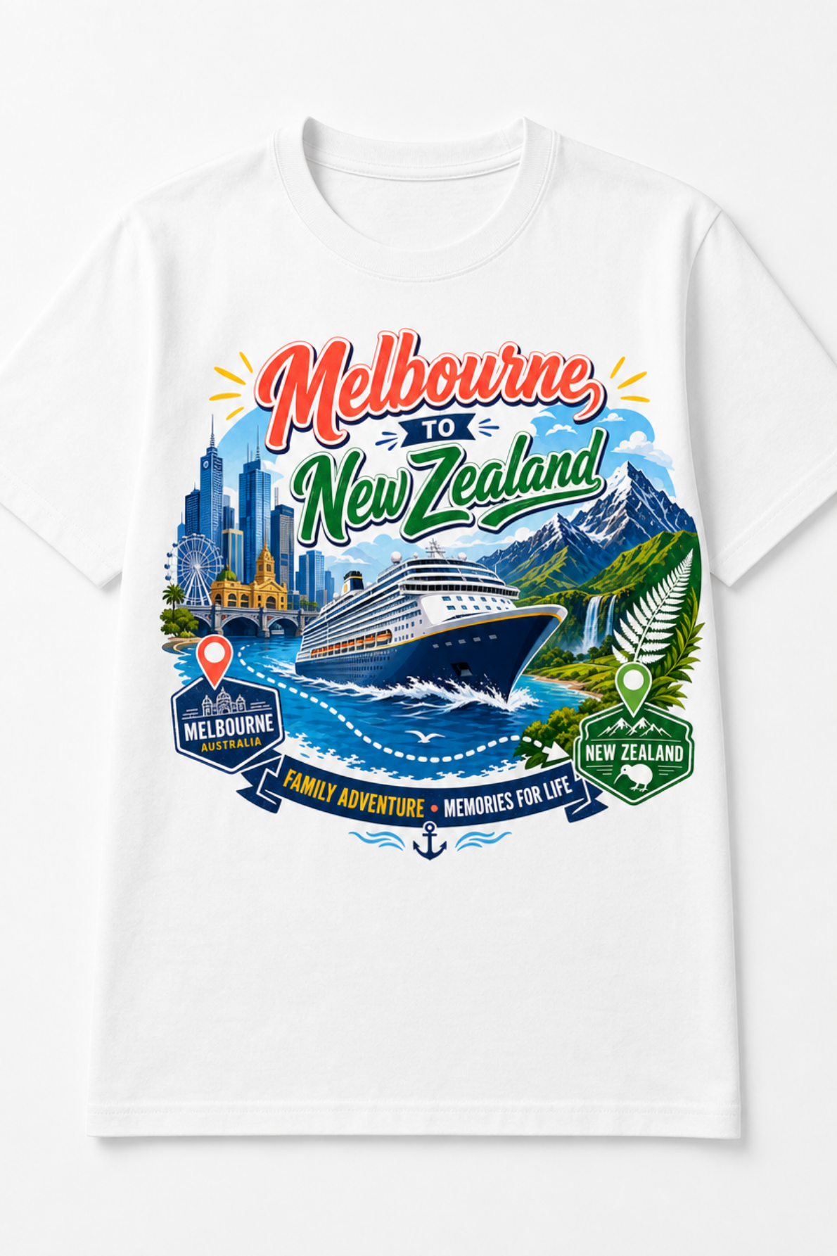 White Melbourne to New Zealand cruise T-shirt featuring a colourful cruise ship, Melbourne skyline and New Zealand mountain design.