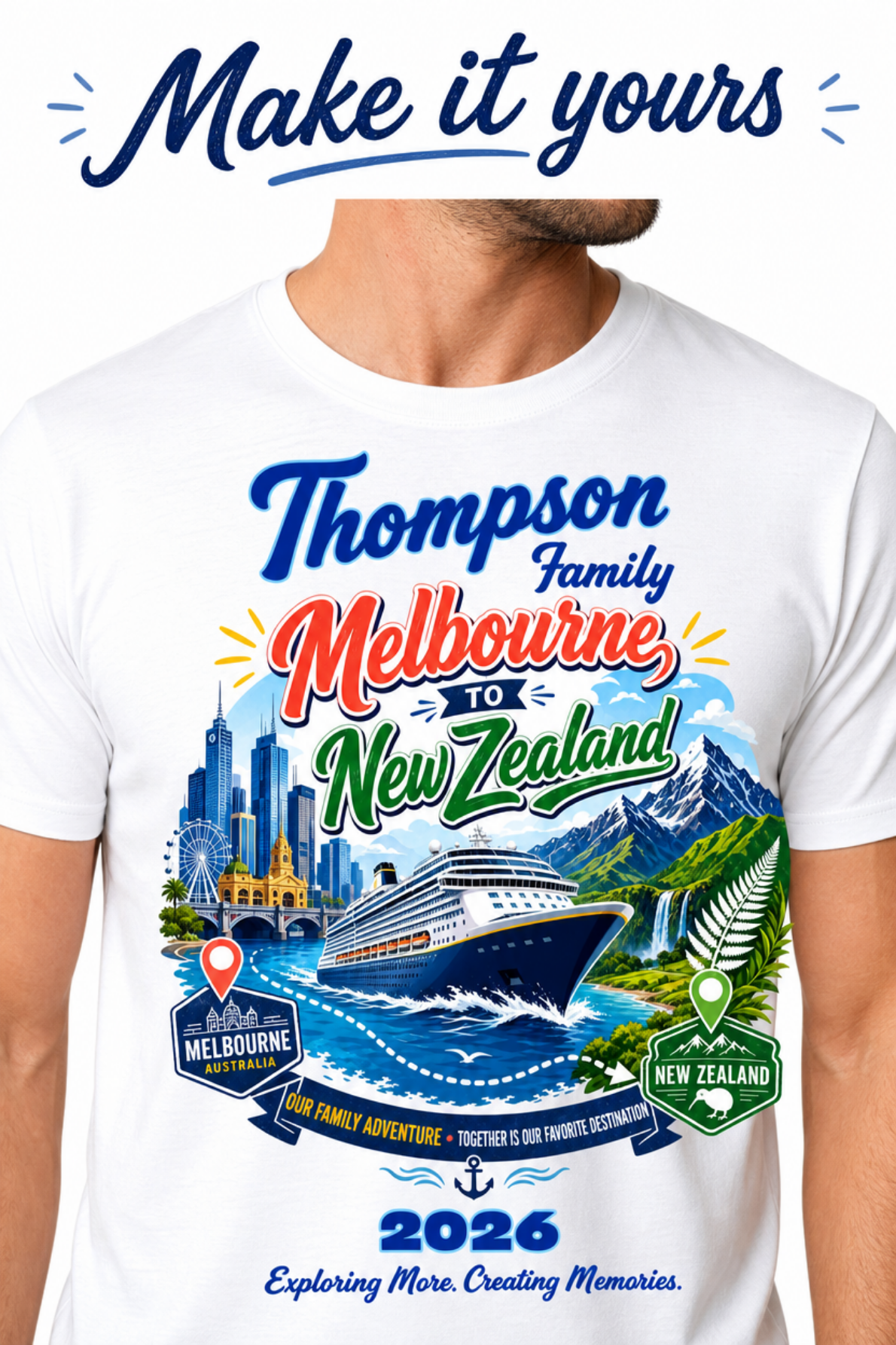 Personalised Melbourne to New Zealand family cruise T-shirt featuring the Thompson family name, 2026 cruise year and colourful cruise ship design.