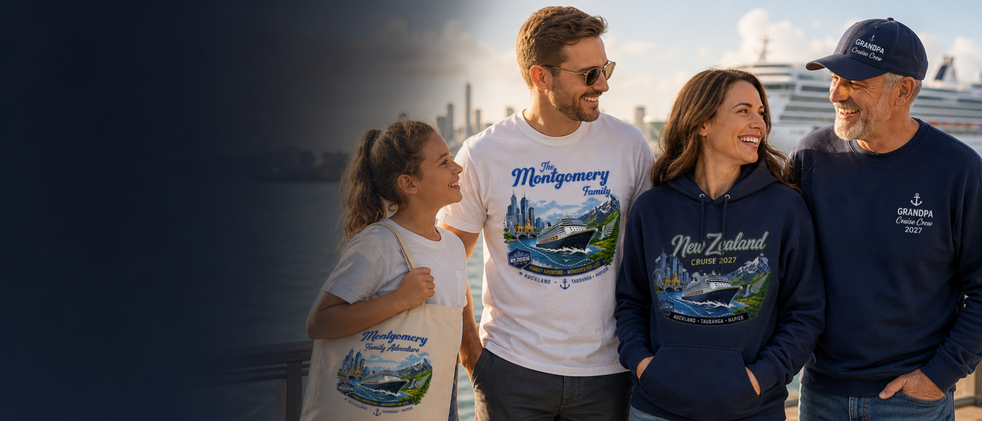 Family wearing personalised Melbourne to New Zealand cruise T-shirts and hoodies with a matching tote bag on a cruise ship.