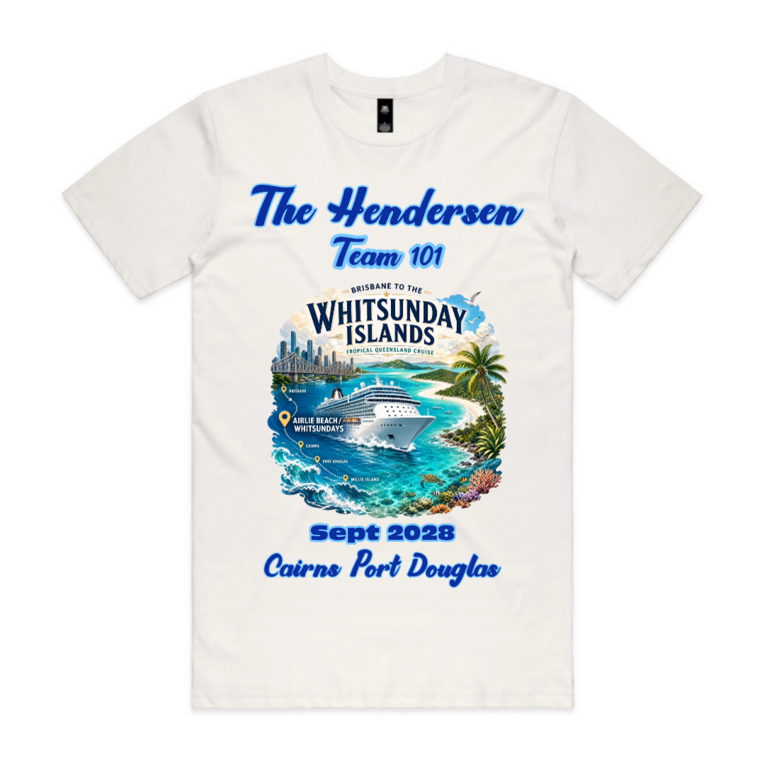 Natural AS Colour Staple Tee 5001 personalised for a Brisbane to Whitsundays family cruise with Henderson family name, September 2028 date and Queensland cruise destination design.