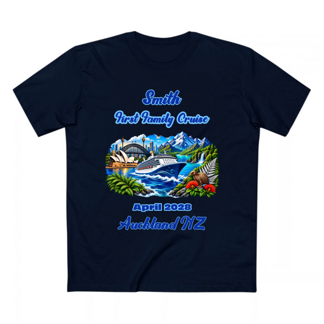 Personalised navy Staple Tee for a Sydney to New Zealand family cruise with stopovers, featuring cruise ship and New Zealand scenic artwork.