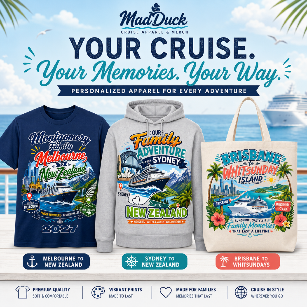 Personalised cruise T-shirt, hoodie and tote bag designs for Melbourne, Sydney and Brisbane cruise holidays.