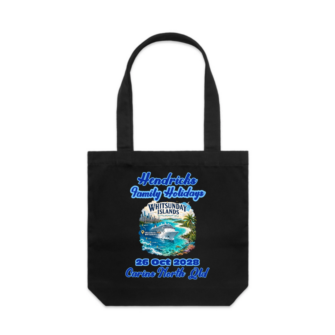 Black personalised Carrie tote bag with family cruise design for a Brisbane to Whitsundays cruise trip