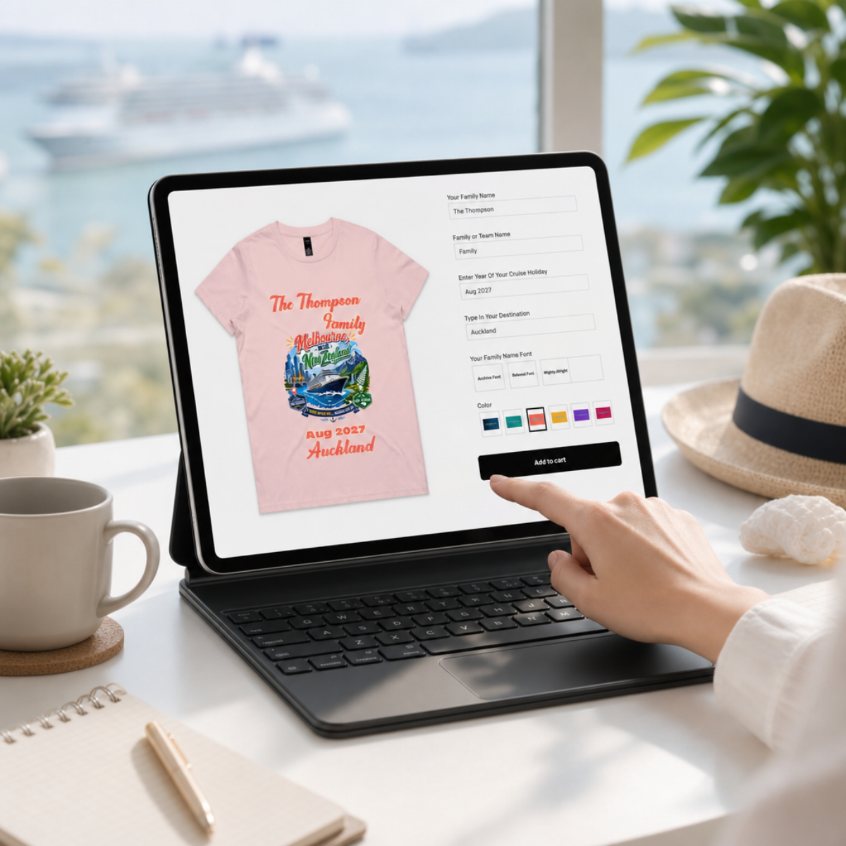 Customer previewing a personalised family cruise shirt with family name, cruise year and destination before ordering online.