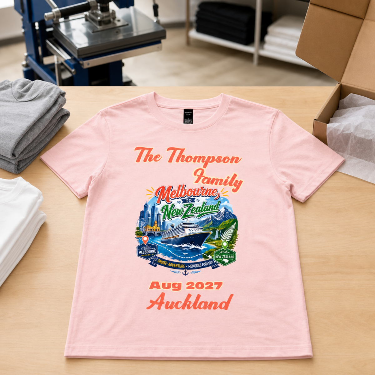 Personalised family cruise T-shirt with family name, Melbourne to New Zealand destination, August 2027 and Auckland.